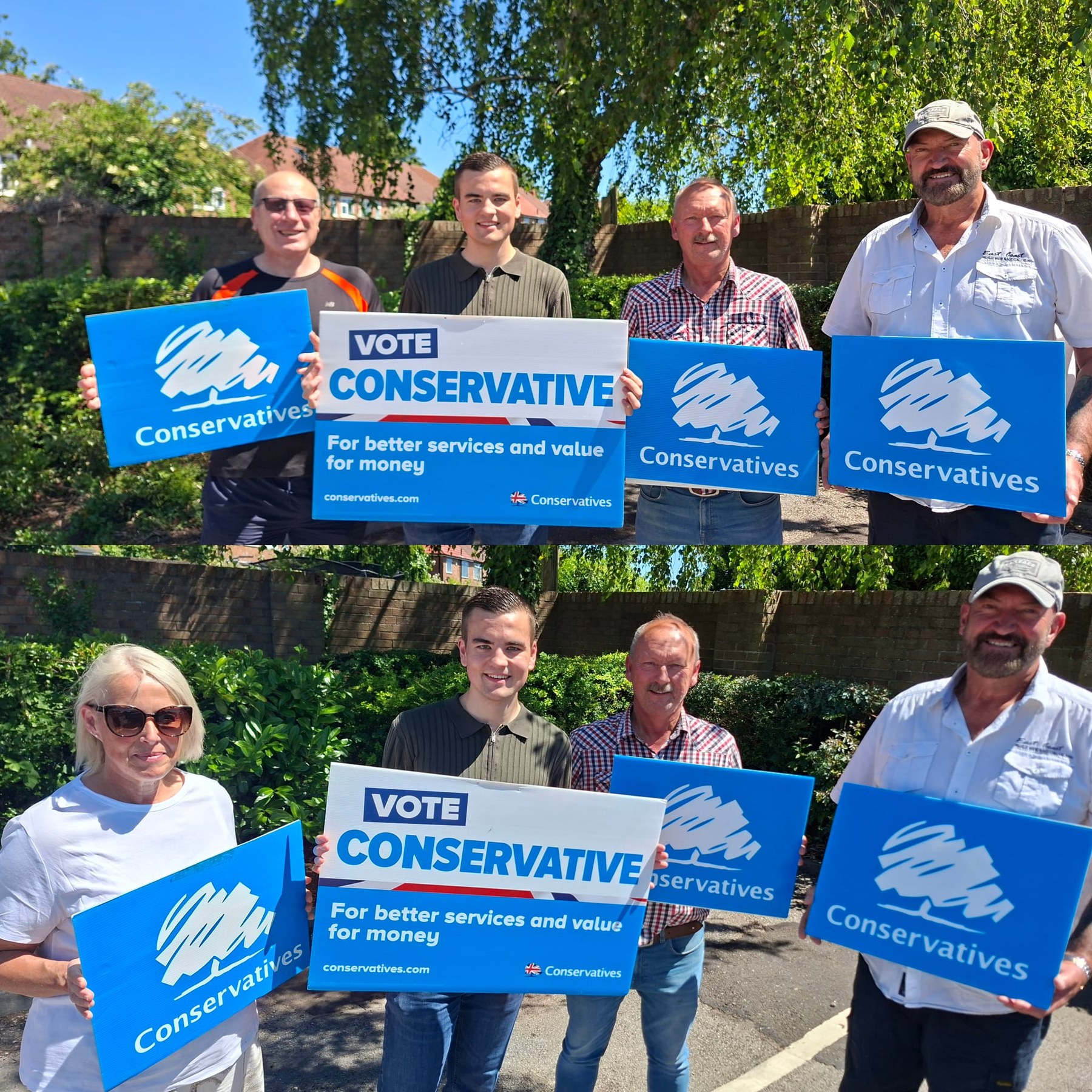 Aaron Larkin campaigning with local Conservative volunteers holding campaign boards